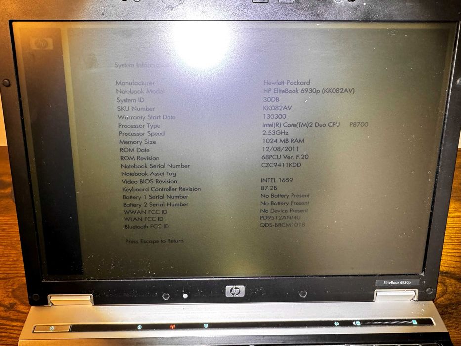 HP Elitebook 6930p Intel C2D P8700 Wi-fi Modem SIM
