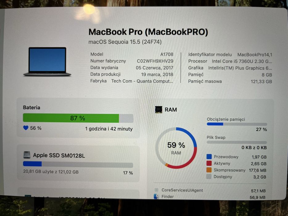 MacBook PRO (2018r) a1708 i5 8GB 128HDD  + case