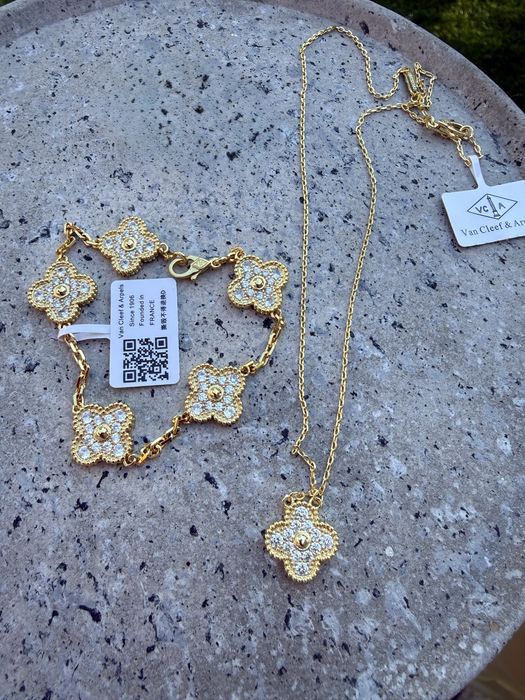 Bransoletka  naszyjnik alhambra vintage cyrkonie zlota van cleef arpels