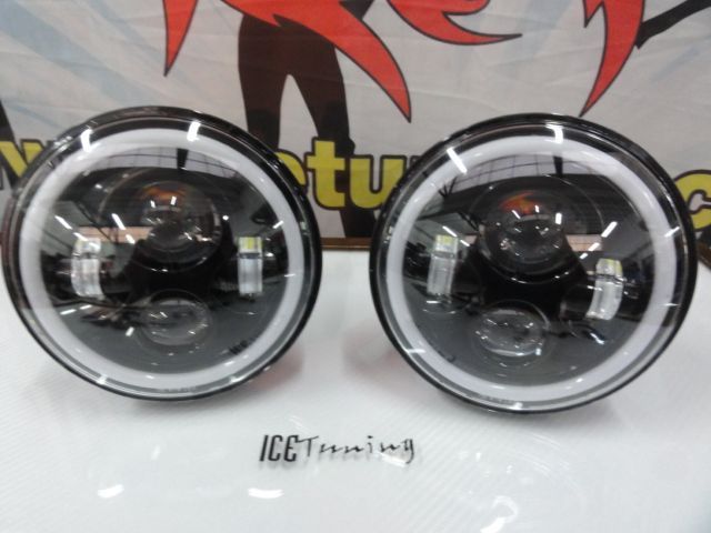 Faróis FULL LED CREE de 7 polegadas com médios, maximos, Angel eyes e pisca em led fundo preto, compatíveis com Hummer, Jeep Wrangler JK TJ LJ, Land