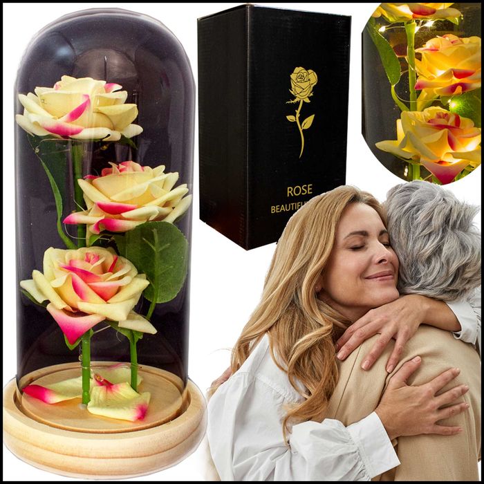 Piękne 3 Róże Róża w Szkle w Szklanej Kopule Prezent Na Walentynki