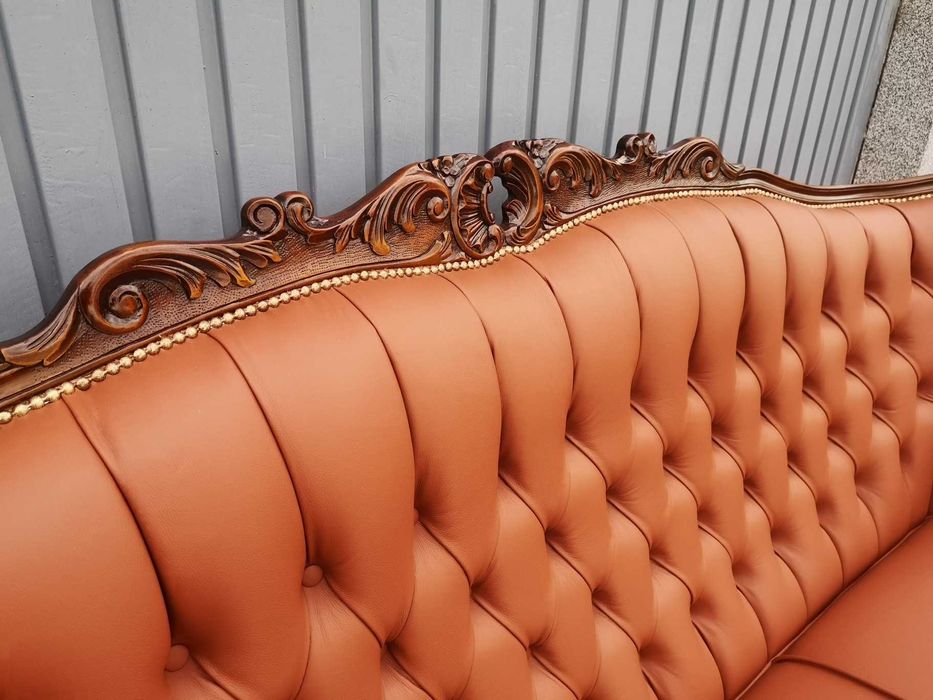 Cudowny komplet po renowacji! Koniakowa skóra! Sofa i dwa fotele!