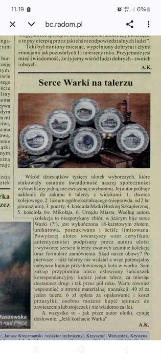 Komplet 6 talerzy z widokami Warki - kolekcja z 2002
