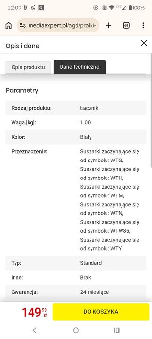 Łącznik do pralki i suszarki BOSCH WTZ20410 Biały