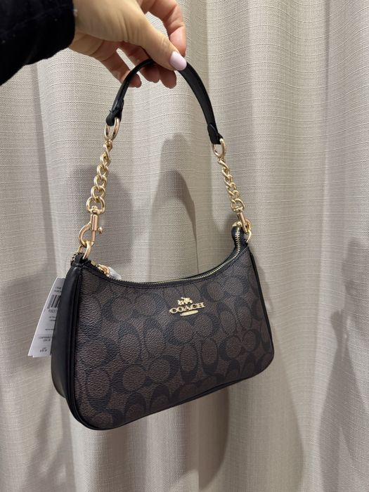 Сумочка Coach Teri коричнева шкіряна чорна сумка на ланцюжку коуч коач