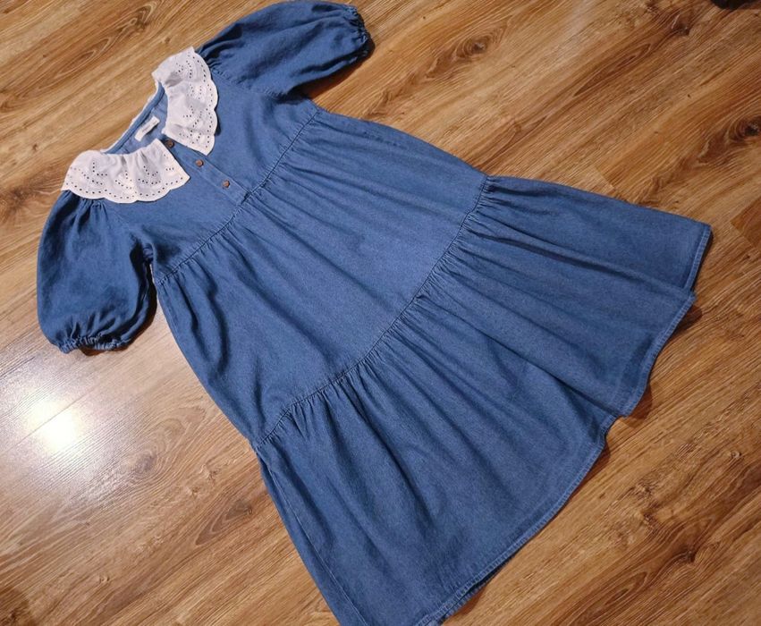 RESERVED sukienka granatowa  biały midi falbany dżinsowa rozm.152