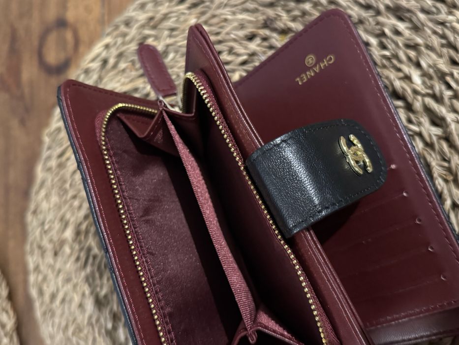 Portfel CHANEL skórzany pikowany czarno-bordowy oryginał