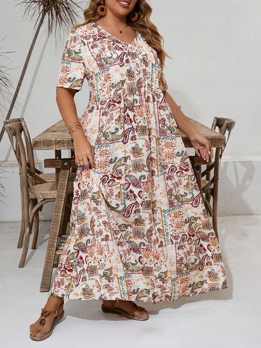 Sukienka Letnia Rozkloszowana Z Dekoltem V Maxi Paisley Shein 3Xl 46