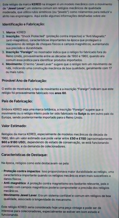 Relogio KERED, 17 jewels, funciona, sinais de uso, 60’s Vintage