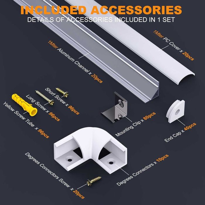 Perfil de Alumínio LED Chesbung 1M com Difusor Branco Creme | Canal para Fita LED com Tampas e Clips de Fixação | Kit 20 Peças