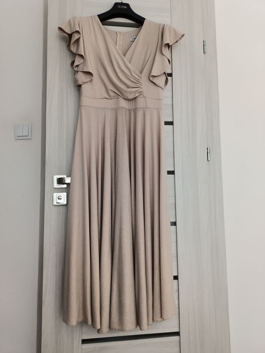 Sukienka maxi beżowa złoty brokat