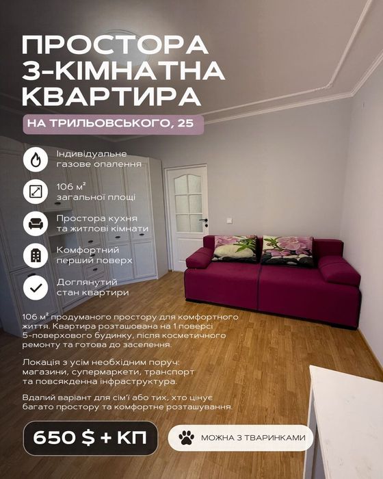 Простора 3-кімнатна квартира на Трильовського, 25