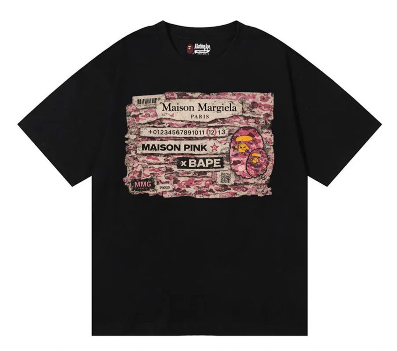 Футболки Maison Margiela x Bape Logo унисекс колоборация бейп и мейсон марджелы черные и белые