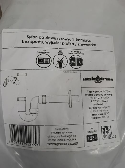 Syfon do zlewu 1 komora bez spustu nowy