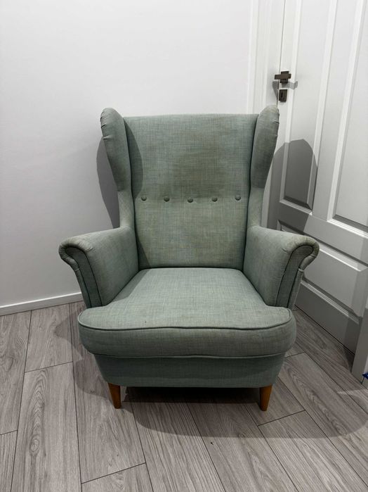 IKEA STRANDMON + podnóżek | jasna zieleń | wygodny fotel uszak