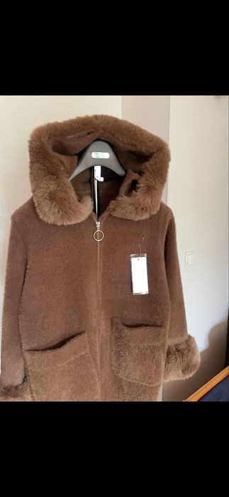 Płaszcz alpaka brązowy futerko