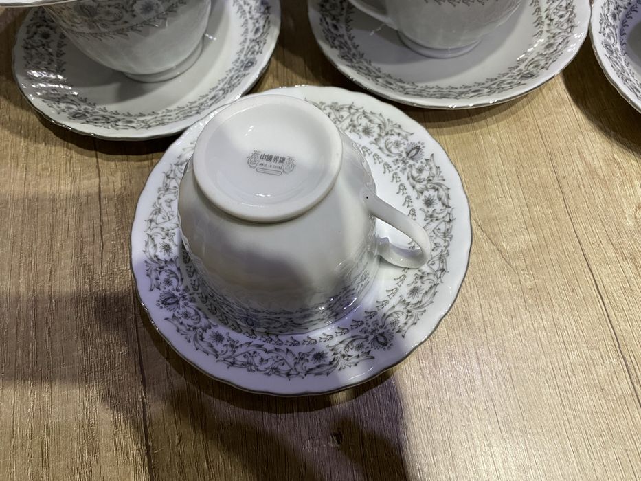 Zestaw filiżanki Swirl platinum scroll Porcelana kostna