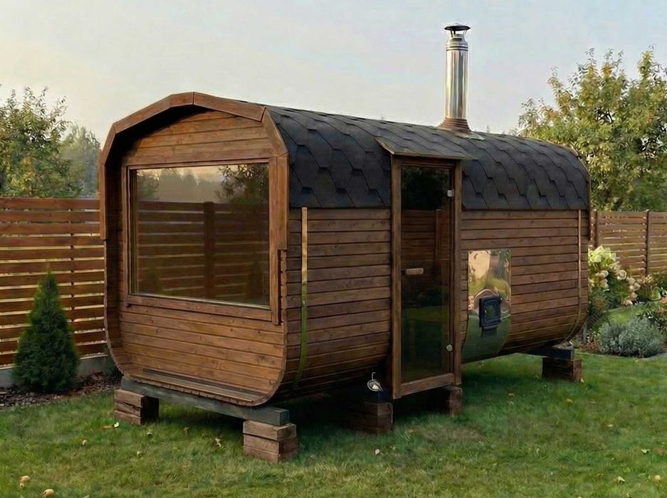 SAUNA Ogrodowa beczka 4m + GRATIS: balia do schłodzenia+LED - z piecem