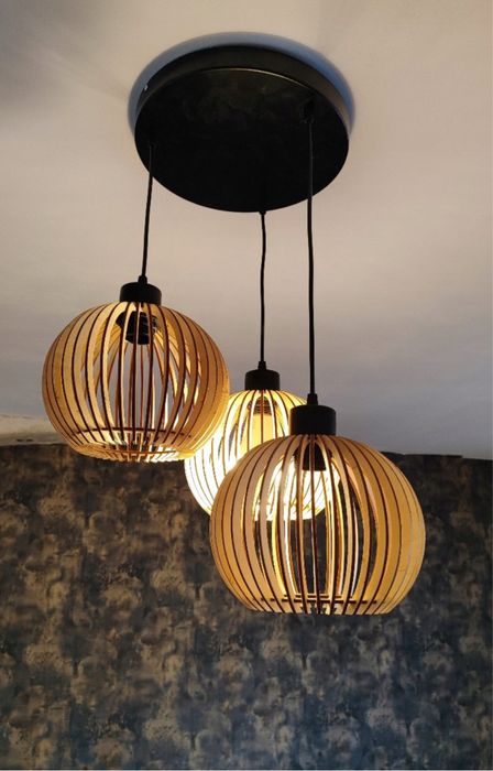 Lampa Wisząca Drewniana Loft Retro 3 Klosze Regulowana