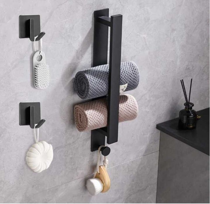 Wieszak na ręczniki SAMOPRZYLEPNY z dwoma haczykami CZARNY MAT LOFT