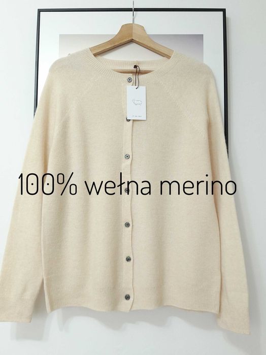 Sweter kardigan damski kremowy jasny beżowy 100% wełna merino