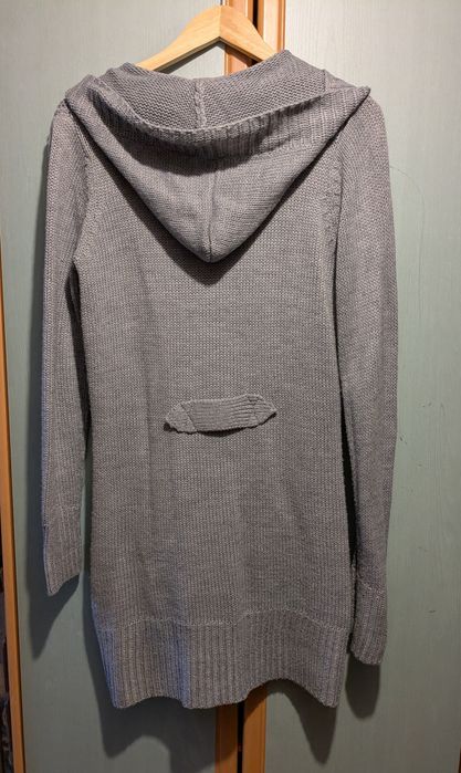 Sweter damski r. 40, długi blezer z kapturem szary