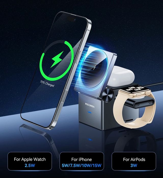 Бездротовий Зарядний пристрій 3 в 1 Rocoren, новий. Станція куб магніт