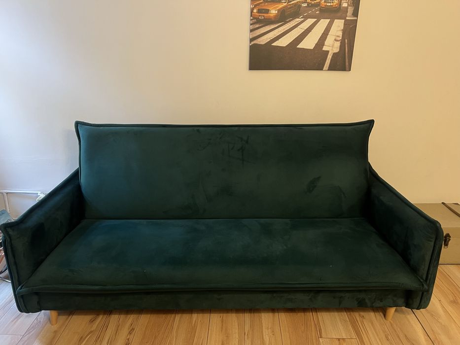 Sofa rozkładana welurowa zielona