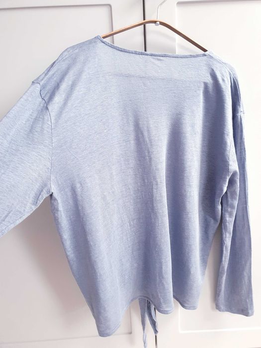 Niebieska lniana bluzka wiązana 100% len 42 44 oversize pudełkowa