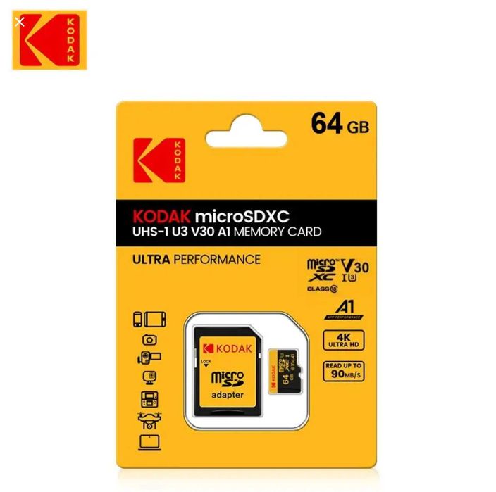 Karta pamięci KODAK 64GB Micro SD V30 HC A1 Class 10 UHS-I U3 4K Ultra