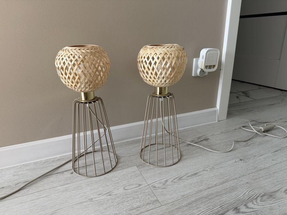 Lampka Nocna Biurkowa Stołowa Boho Bambusowa Beżowa Loft E27 Druciana Luxolar Zestaw dwie sztuki