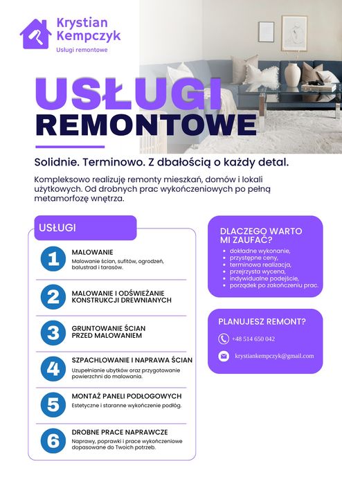 Usługi malarskie, montaż paneli podłogowych