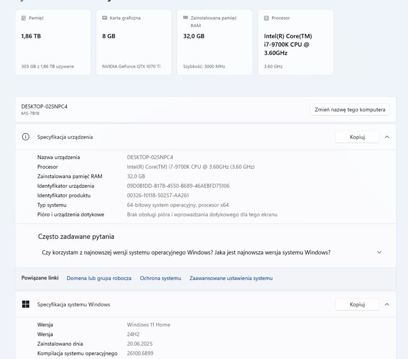 Komputer stacjonarny i7-9700K / GTX 1070 Ti / 32GB RAM / NVMe