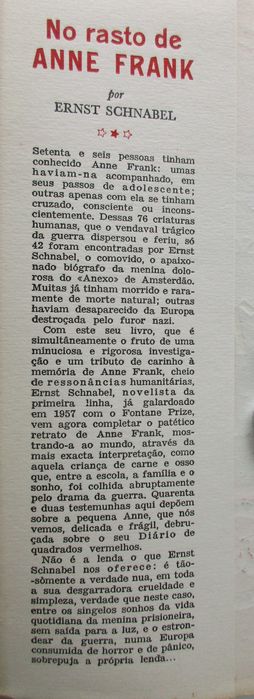 Ernst Schnabel - - - No Rasto de Anne Frank - - - - - Livro