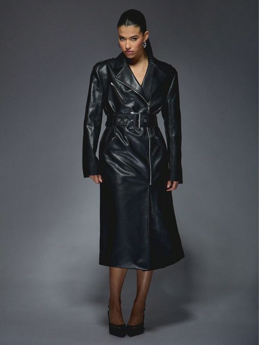 Дизайнерский кожаный двубортный тренч плащ MISSGUIDED с длинным поясом