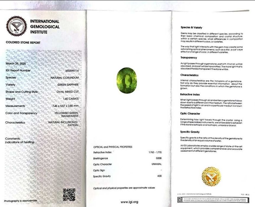 safira verde 1,40ct international gemological institute igi