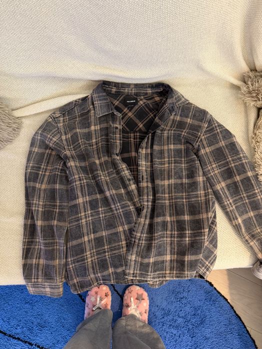 Koszula w kratę Pull&Bear – rozmiar L, szaro-beżowa
