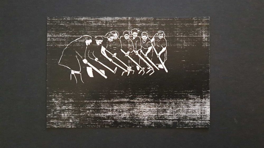 Print postal mulheres sacharem tradições Portugal arte xilogravu