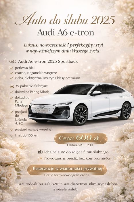 Audi A6 e-tron 2025 wynajem do ślubu