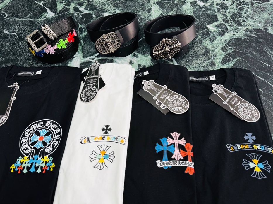 ‼️Без предоплати‼️Футболка Chrome Hearts білого та чорного кольору / набір футболка + ремінь хром хартс / футболка Хром Хартс з бавовни S-2XL