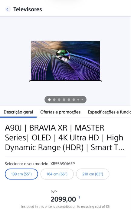 TV Sony A90J | BRAVIA XR OLED – Ideal para PS5 | Poucas Horas de Uso