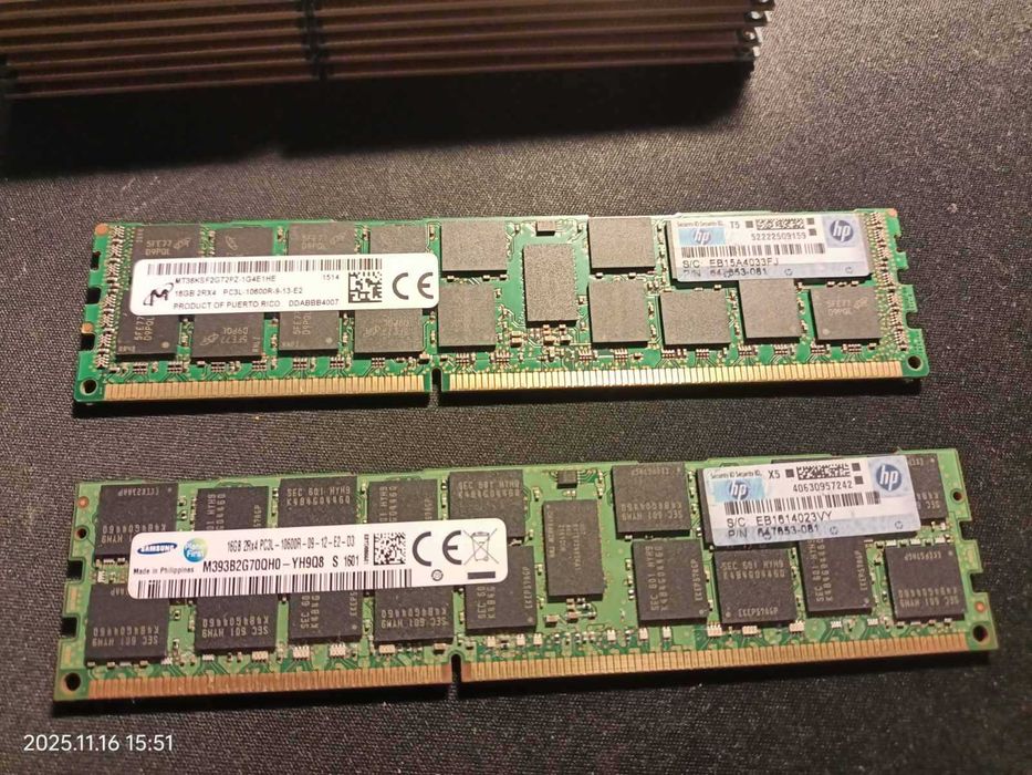 SKhynix 16GB DDR3-10600R  ECC RAM 14 шт + 1 шт Micron + 1 Samsung