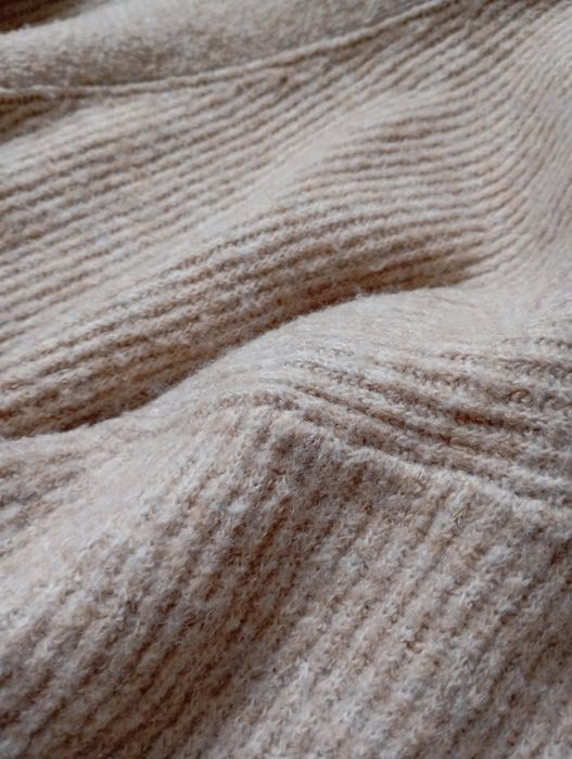 H&M M-XL Luźny prążkowany beżowy kardigan oversize z wełną