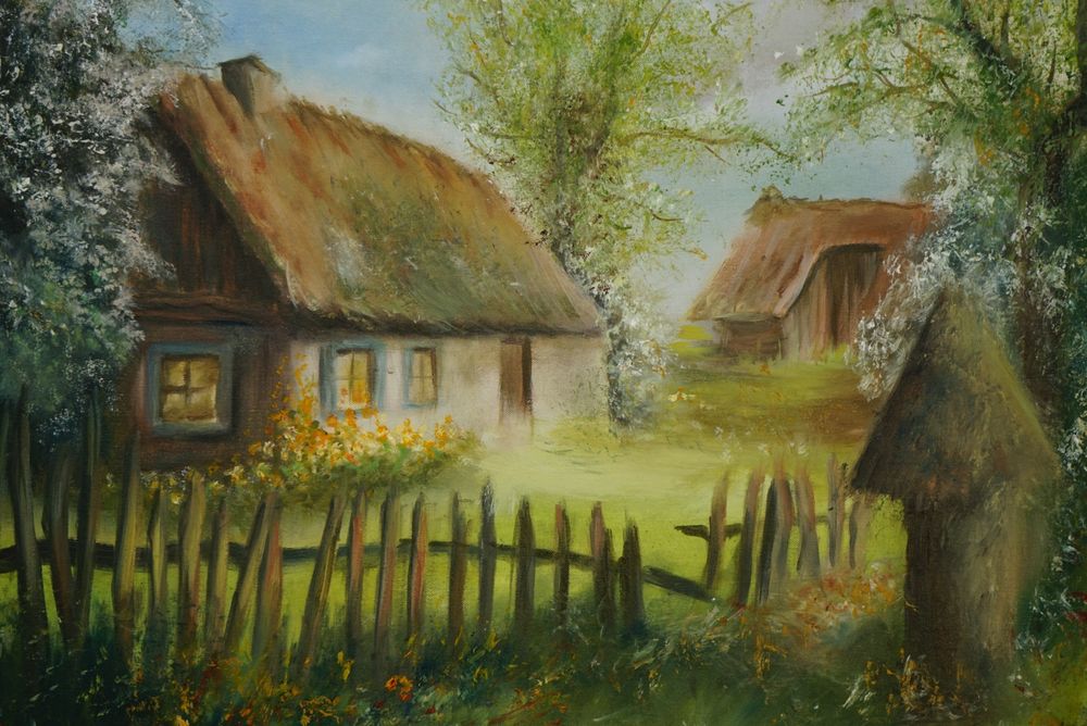 *Obraz olejny 50x50 cm "Stara Chata" - ręcznie malowany, autorsk