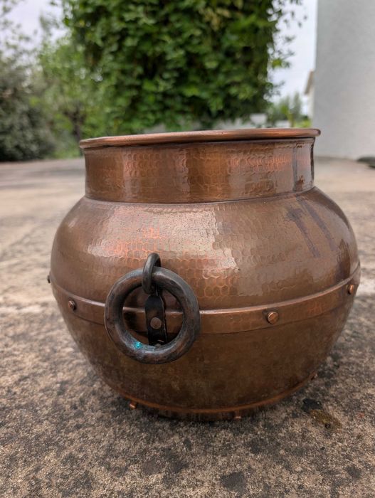 Caldeirão / Tacho Antigo em Cobre Martelado com Pegas em Ferro