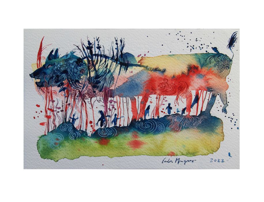 Aguarela original de Carlos Marques. Fantasia, surreal, florestas