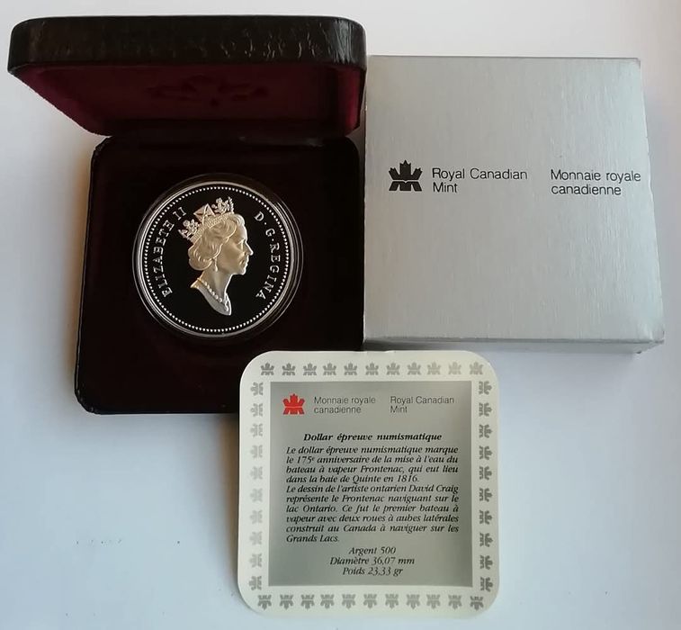Канада 1 долар 1991р. СРІБЛО. ПРУФ. Пароплав Фронтенак. Сертифікат.