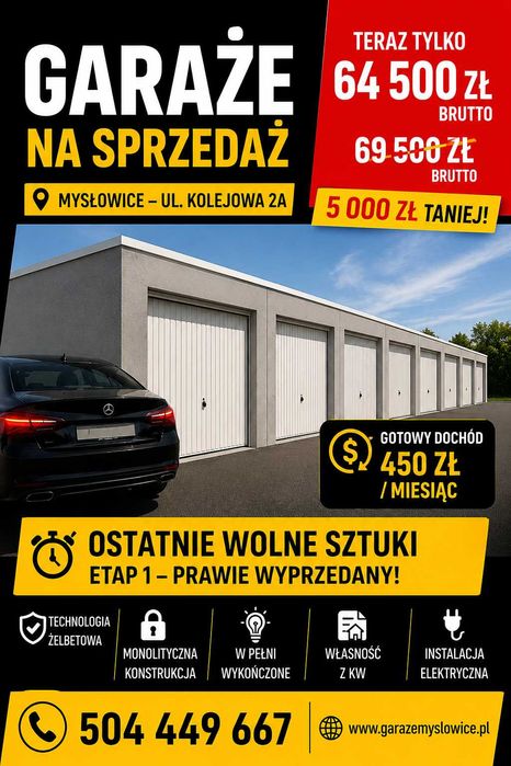 Garaż inwestycyjny 450 zł/mc | Mysłowice | Nowy | 64 500 zł Promocja | Własność z KW