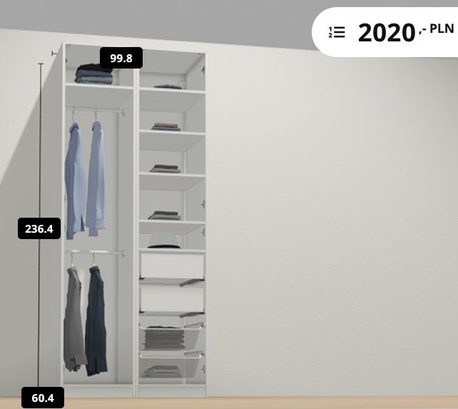 szafa PAX IKEA, 1200 zł, wys.236, szer.100, lustra