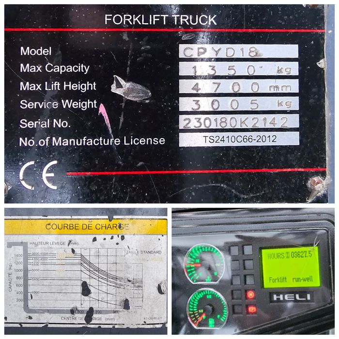 Wózek widłowy HELI 1.8t triplex 4.7m 4 sekcje Kabina LPG 3627h 2012r